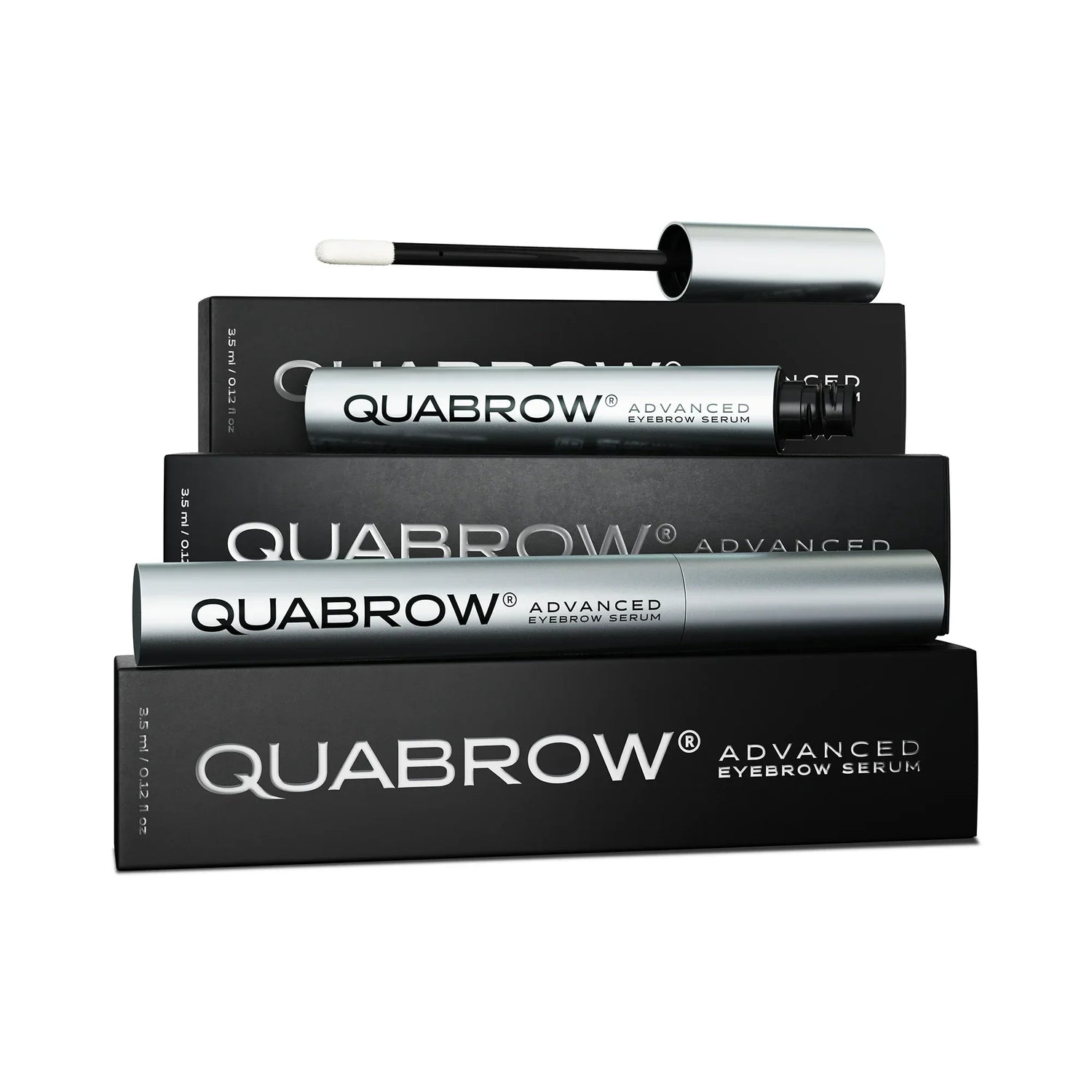 Full QUABROW®Trio Set 3x3.5 ml with three tubes and black packaging box shown frontally with one applicator open