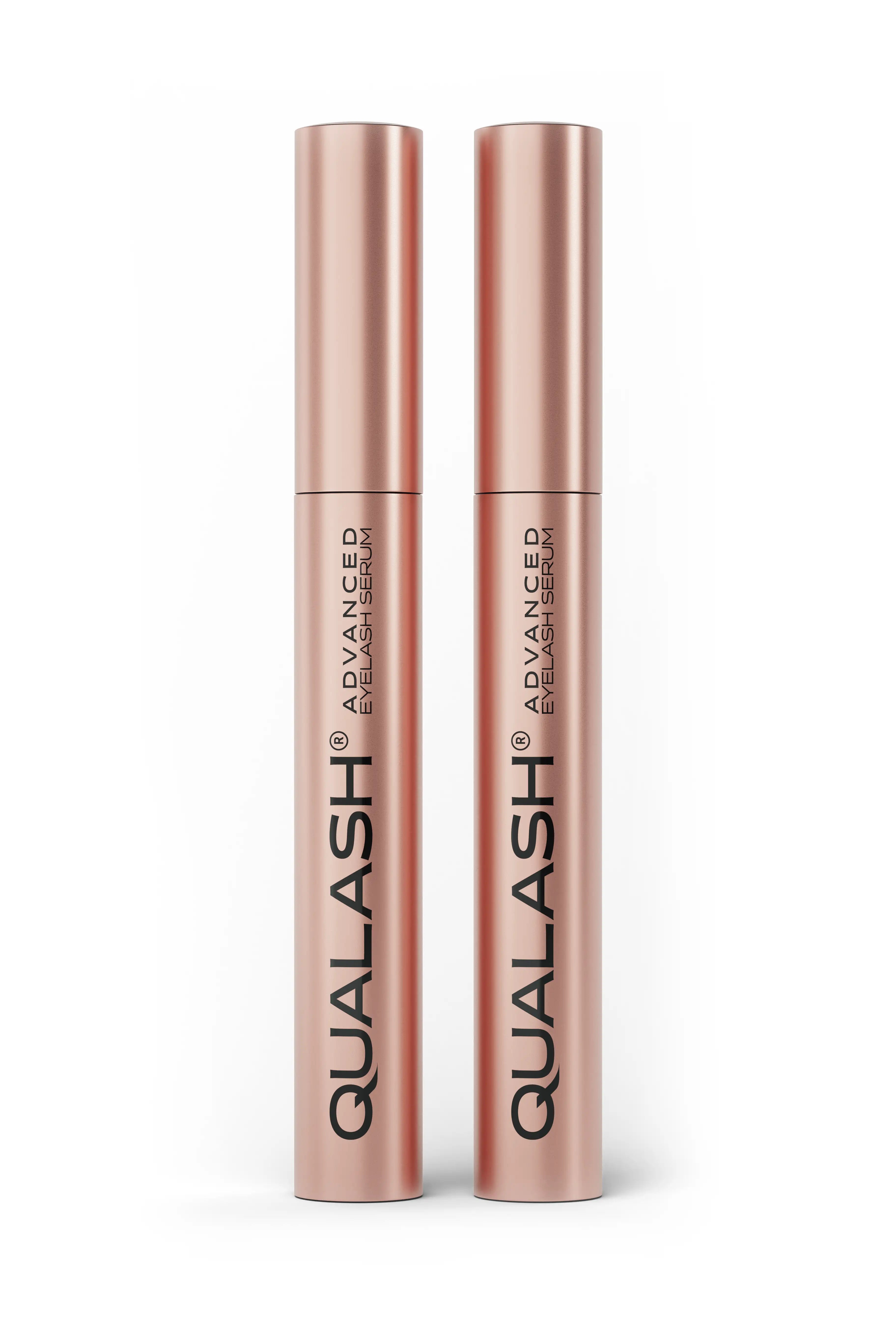 Close-up of two QUALASH Advanced Eyelash Serum bottles – DUO SET promotional image